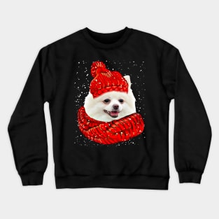 White Pomeranian Wearing Red Hat And Scarf Christmas Crewneck Sweatshirt